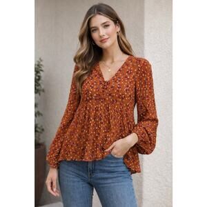 Oliphant Orange Leopard Print Blouse XS ✨ Metallic Clip Dot Peplum Boho